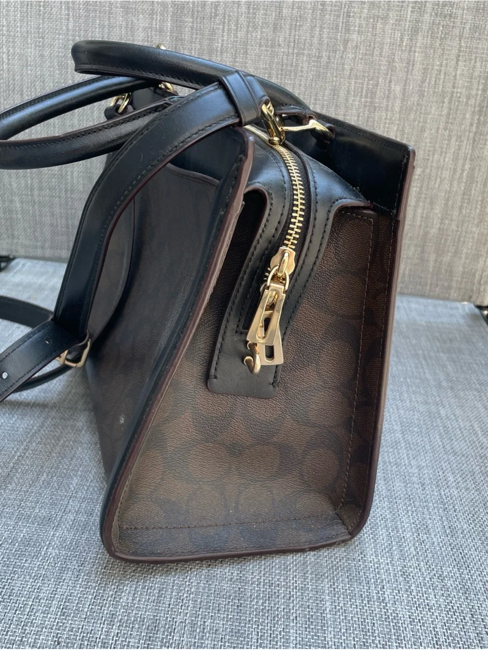Coach Zoe Carryall Satchel Black Leather Top Handle Zip Gold Hardware Pocket